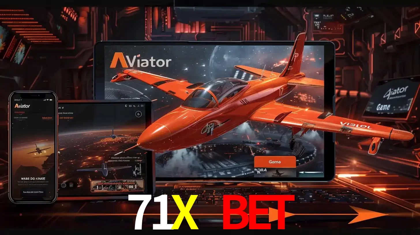 Apresentação tecnológica do jogo Aviator com um avião saindo da tela de um tablet, demonstrando a experiência imersiva em múltiplos dispositivos no 71X BET.