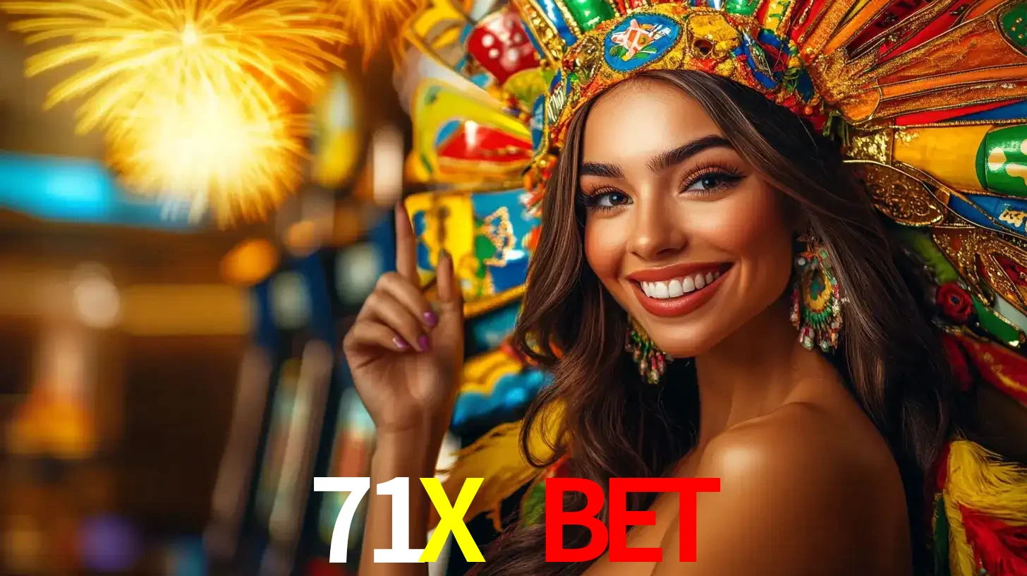 Mulher sorridente com um cocar de carnaval vibrante e colorido, celebrando uma grande vitória nos jogos do cassino 71X BET com fogos de artifício ao fundo.