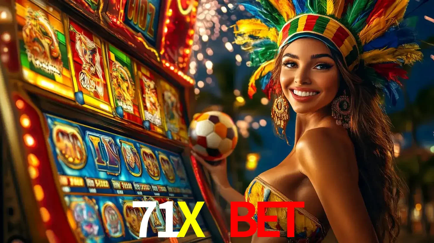 Mulher com um cocar de carnaval ao lado de uma máquina de caça-níqueis enquanto segura uma bola de futebol, mostrando a união da diversão de cassino e esportes no 71X BET.