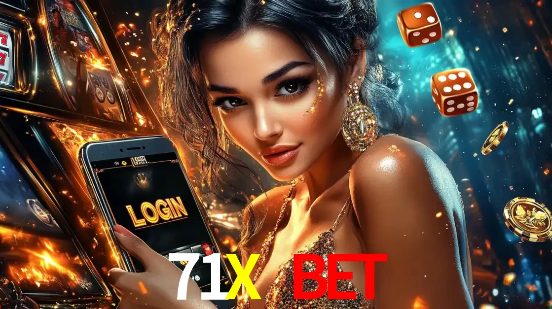 Mulher glamourosa segurando um celular com a tela de login do cassino 71X BET, rodeada por dados e moedas douradas, pronta para começar a diversão.