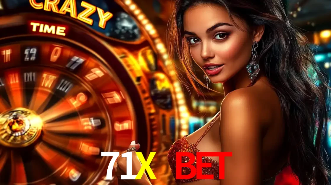 Mulher ao lado da roda de prêmios do jogo de cassino ao vivo Crazy Time, um dos shows de jogos mais emocionantes oferecidos pela plataforma de apostas 71X BET.