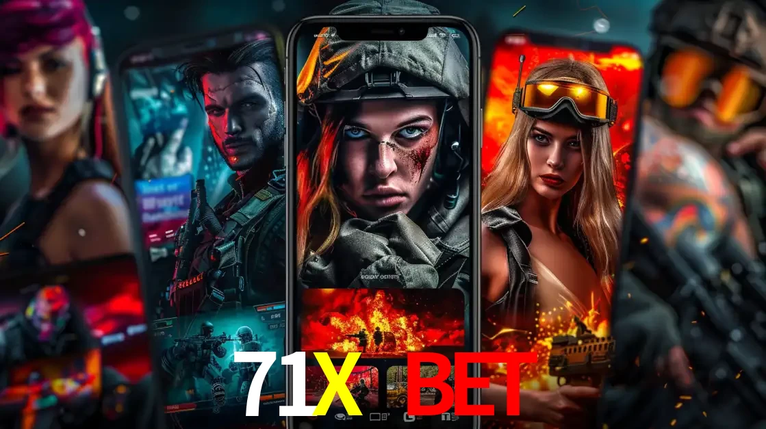Montagem de telas de celular mostrando diversos personagens, masculinos e femininos, de um jogo de tiro, ilustrando a diversidade de equipes de e-sports para apostar no 71X BET.