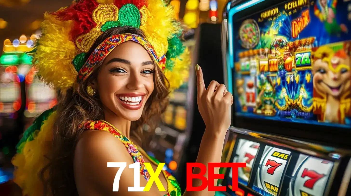 Mulher animada com um cocar de carnaval apontando para uma máquina de caça-níqueis, mostrando a emoção de ganhar um grande prêmio nos jogos do 71X BET.