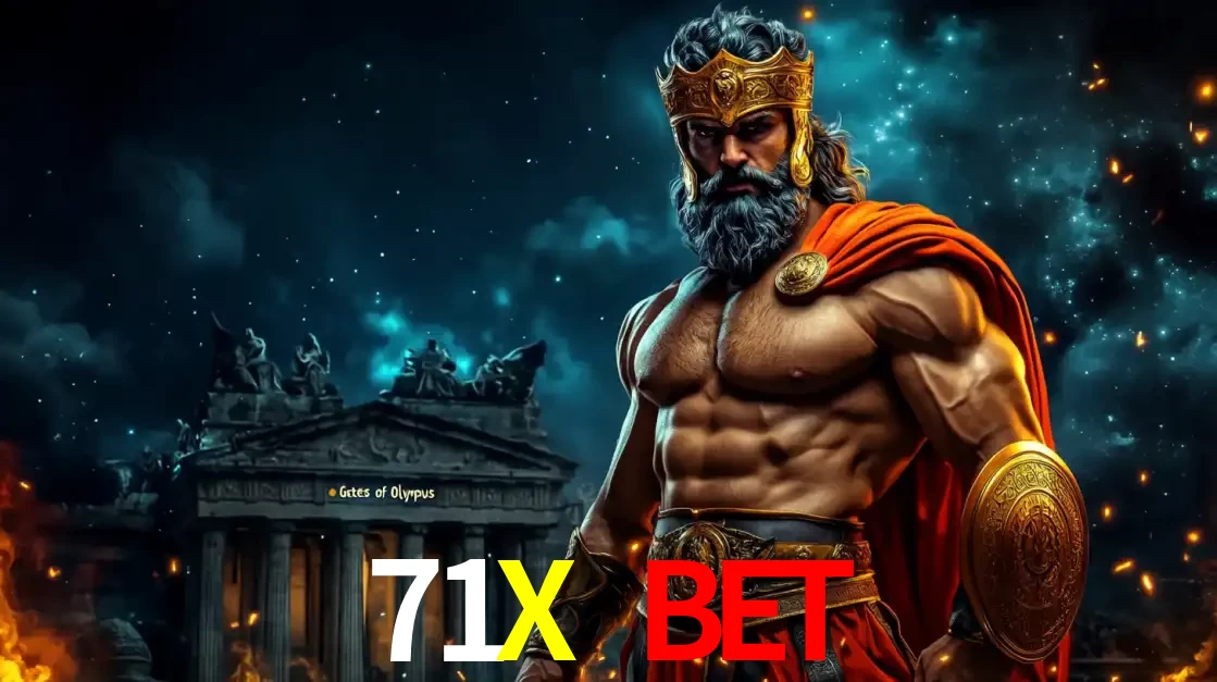 O poderoso Zeus do jogo de slot Gates of Olympus em frente ao seu templo, pronto para lançar multiplicadores divinos e prêmios épicos no cassino online 71X BET.