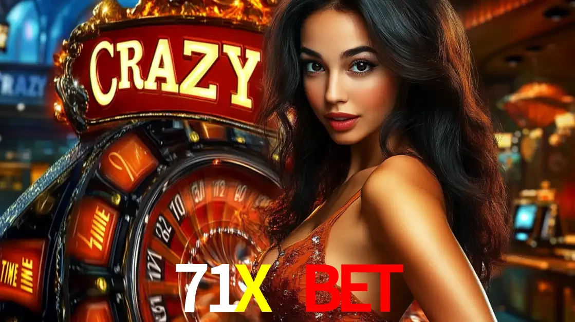 Mulher glamourosa olhando para a câmera com a roda vermelha do Crazy Time ao fundo em um ambiente de cassino, destacando a emoção dos jogos ao vivo no 71X BET.