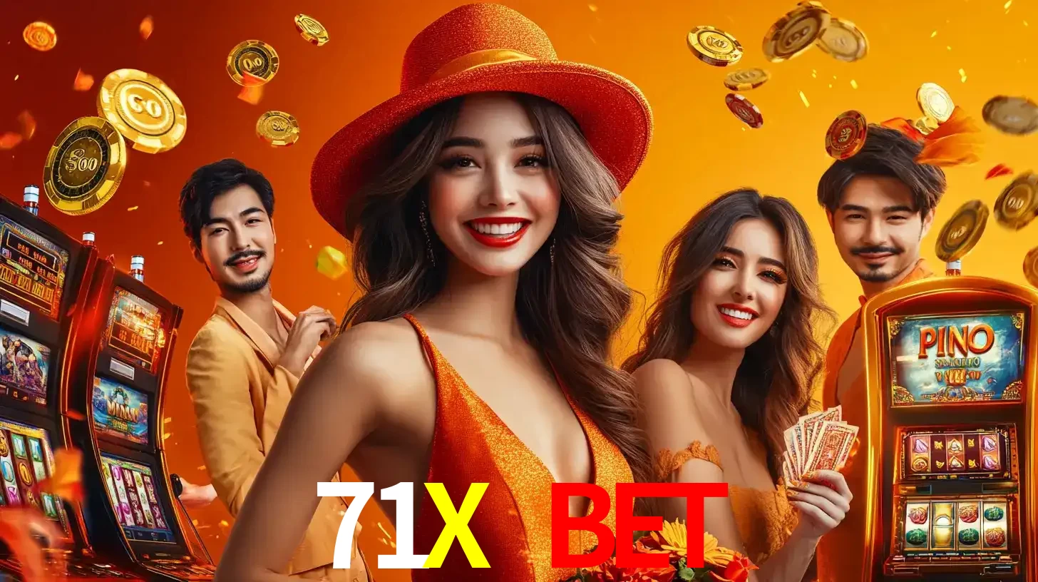 Grupo de amigos asiáticos sorrindo e se divertindo com máquinas de caça-níqueis em um ambiente festivo, celebrando suas vitórias nos jogos de cassino do 71X BET.