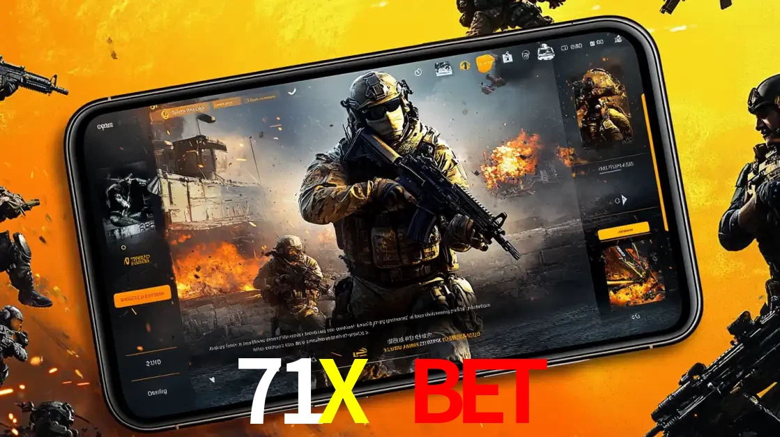 Um smartphone exibindo a interface de um jogo de tiro em primeira pessoa, com um soldado em um cenário de batalha, representando a ação dos e-sports para apostar no 71X BET.