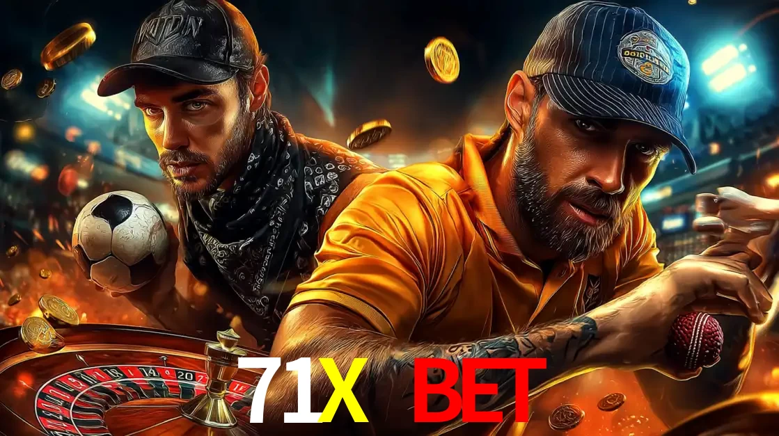 Montagem de apostas esportivas e cassino no 71X BET, com um homem segurando uma bola de futebol e outro uma de beisebol sobre uma roleta e moedas voadoras.