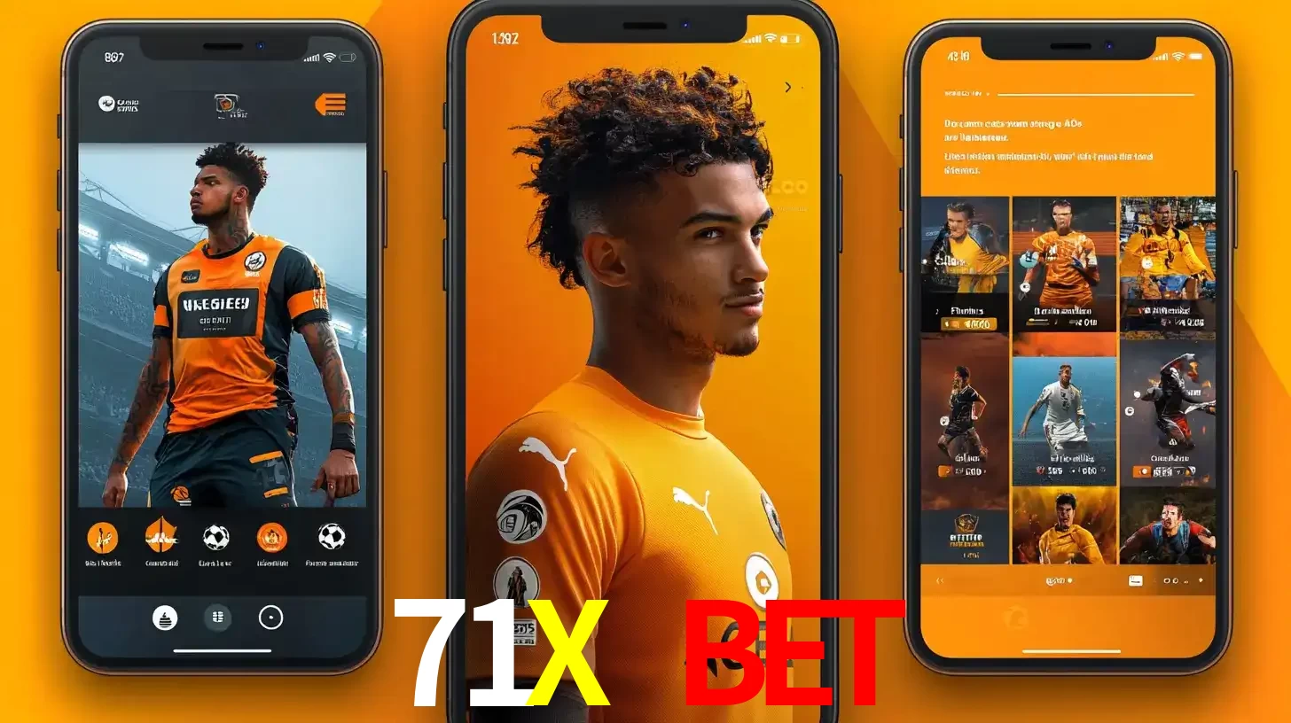 Interface do aplicativo de apostas esportivas 71X BET em três telas de celular, mostrando o perfil de um jogador de futebol e a lista de jogos disponíveis para apostar.