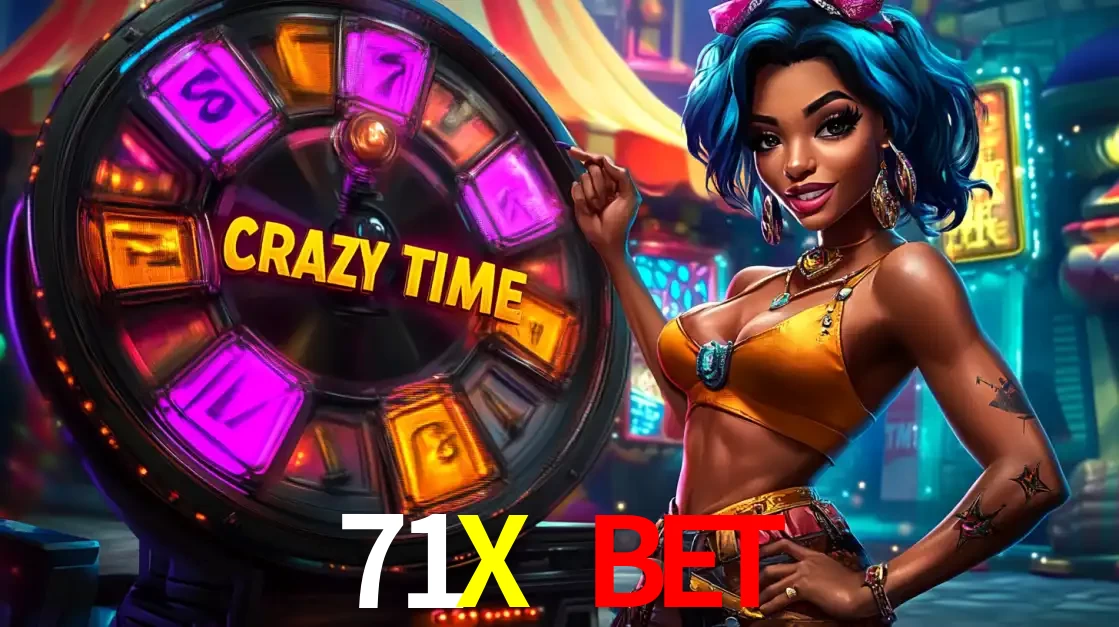 Mulher estilizada com cabelo azul e visual vibrante posando ao lado da roda de prêmios do game show Crazy Time, convidando para a diversão e os bônus do cassino 71X BET.