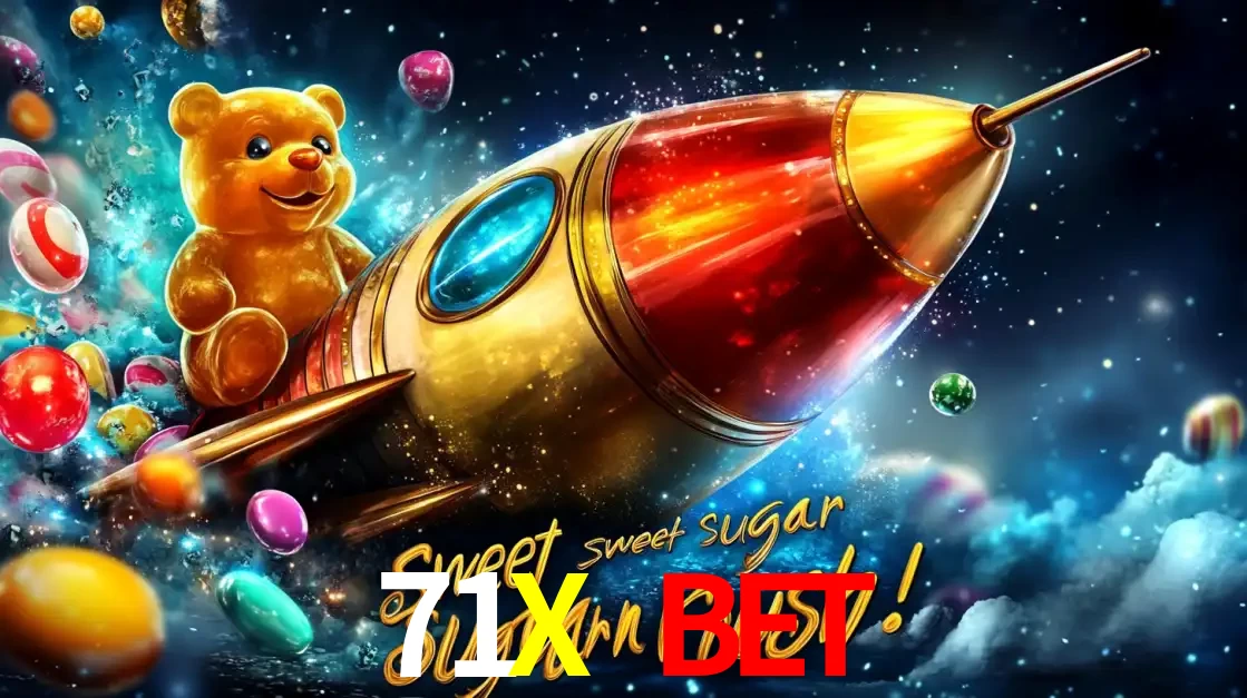 Arte promocional do jogo de slot Sugar Rush, com um urso de pelúcia em um foguete viajando pelo espaço de doces, um dos jogos divertidos disponíveis no cassino 71X BET.