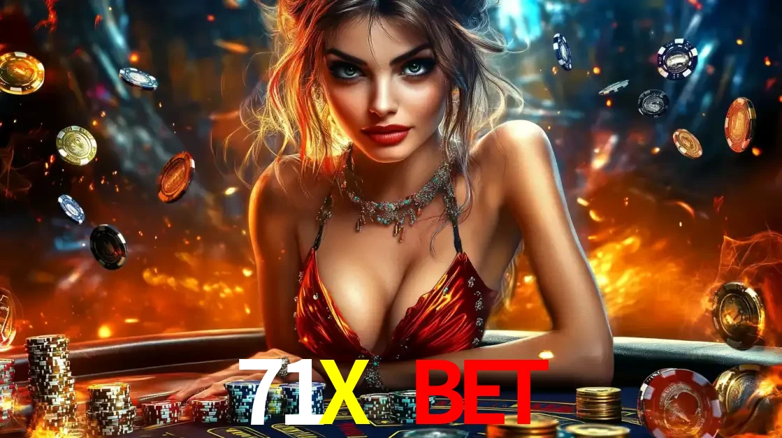 Mulher em uma mesa de cassino com pilhas de fichas e um fundo de fogo, pronta para uma rodada de altas apostas nos jogos de mesa emocionantes do cassino 71X BET.