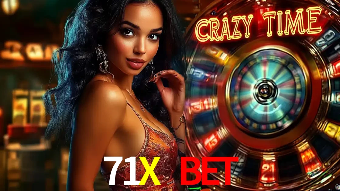 Mulher elegante ao lado da vibrante roda da fortuna do jogo de cassino ao vivo Crazy Time, um dos game shows mais populares e cheios de prêmios do 71X BET.