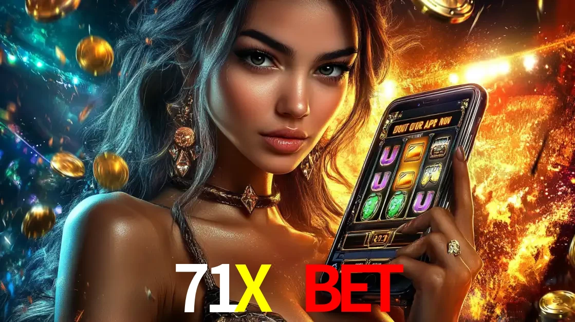 Mulher elegante mostrando um jogo de caça-níqueis em seu smartphone, destacando a experiência de cassino móvel oferecida pelo aplicativo 71X BET.