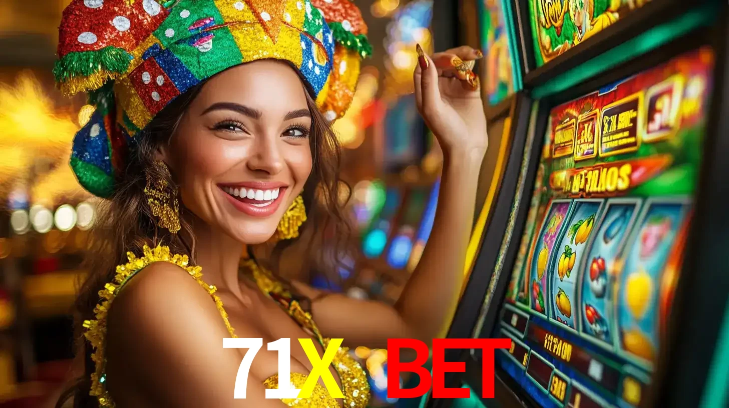 Mulher feliz com traje de carnaval amarelo e colorido ao lado de uma máquina de caça-níqueis, aproveitando a diversão e os jogos temáticos do cassino 71X BET.
