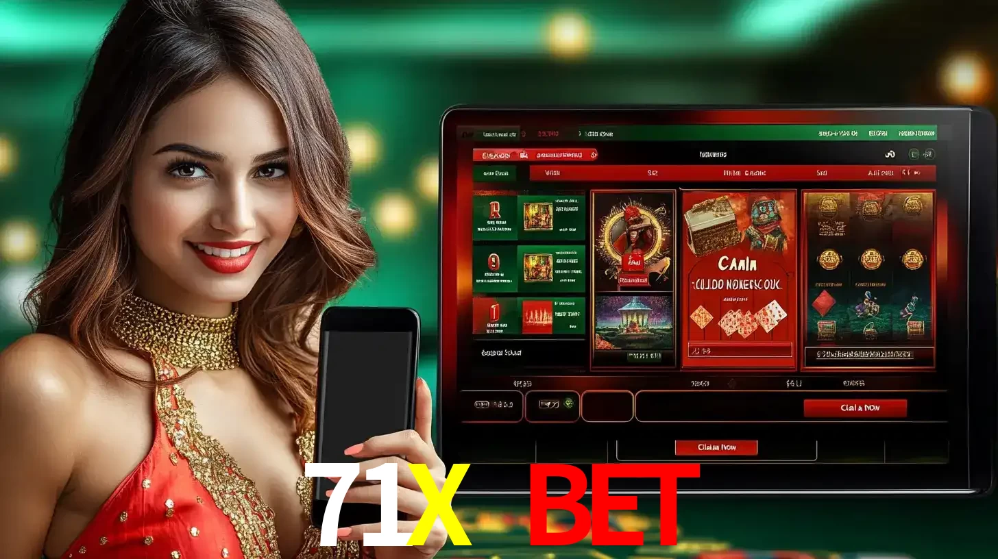 Mulher sorridente segurando um smartphone, ao lado de uma tela exibindo o lobby de jogos do cassino online 71X BET, com várias opções de jogos de cartas e slots.